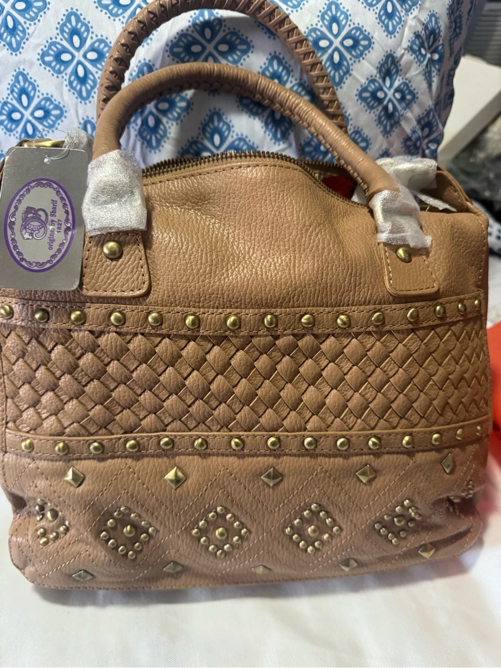 Tan Woven Studded Women’s Satchel Bag